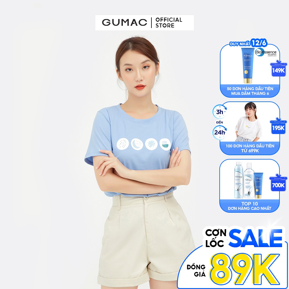 [Mã MABR07062 giảm 8% tối đa 50K đơn từ 249K] Áo thun nữ basic in họa tiết GUMAC màu xanh, tay ngắn năng động ATB553