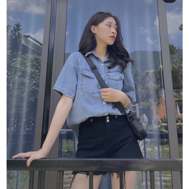 Áo sơ mi jean trơn túi hộp- áo bò ngắn tay from rộng UNISEX phong cách ulzzang hàn quốc