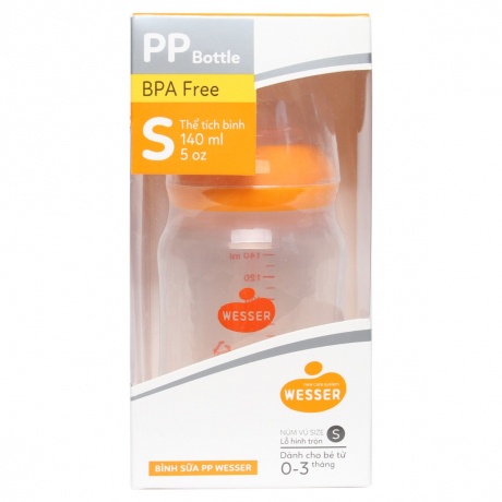 Bình sữa cổ hẹp tặng kèm van chống sặc 140ml PP Wesser