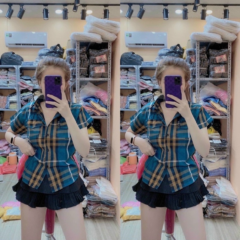 Áo sơ mi CARO  tay ngắn nữ hình thật UN - Thiên Yết