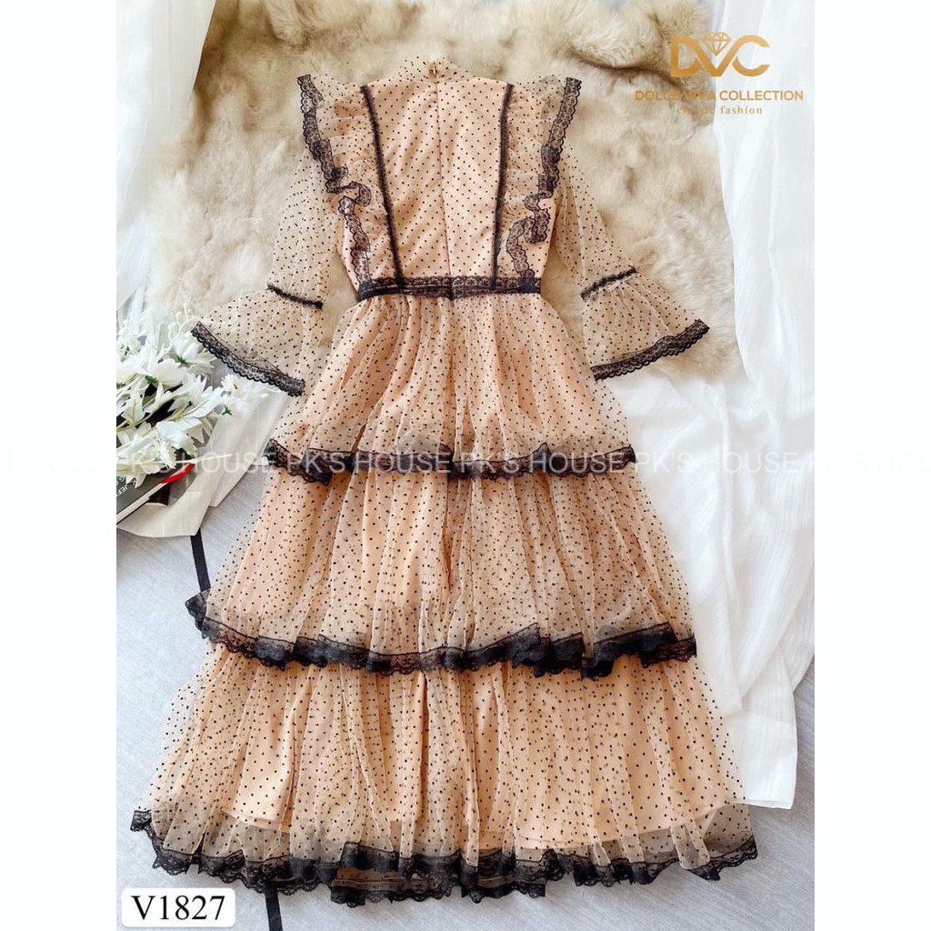 Váy Thiết Kế Dáng Xoè Be Chấm Bi Phối Ren Xếp Tầng V1827, Đầm Công Chúa Cao Cấp - PK Official | BigBuy360 - bigbuy360.vn