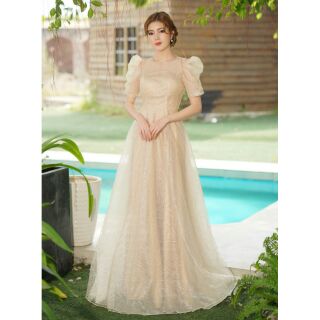 (free chỉnh sửa váy) đầm dạ hội tay phồng váy xòe, đầm công chúa đi tiệc cô dâu chụp ảnh cưới