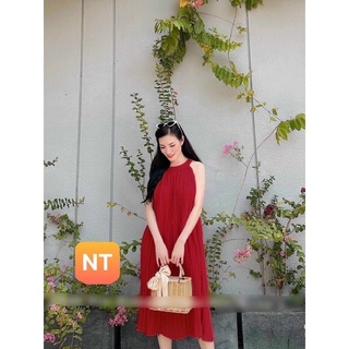 Đầm maxi 2 dây dập ly cổ yếm, váy xếp ly đi biển dáng suông