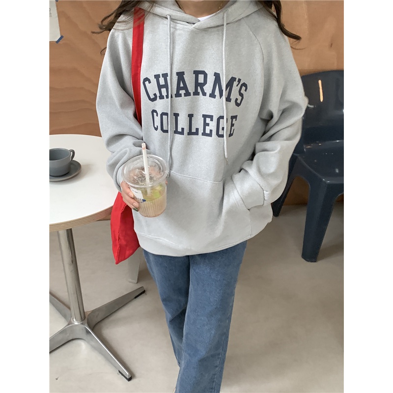 Áo Hoodie Mỏng Tay Dài Dáng Rộng In Chữ Màu Hồng Thời Trang Hàn Quốc Mới