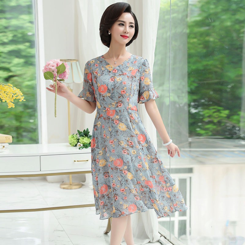 khuyến mãi mới năm 2021Váy mùa hè của phụ nữ trung niên voan mẹ 40-50 tuổi ngắn tay tính khí dài qua gối