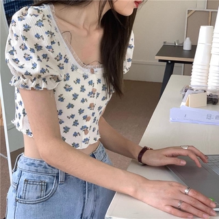 Retro Floral Pattern Short Sleeve Croptop Top