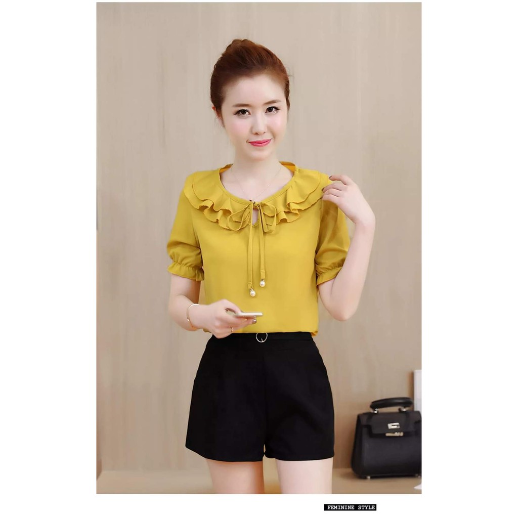 Sơ mi nữ cổ bèo tròn thắt nơ nhún tay bo nữ tính 💕 công sở💕 | BigBuy360 - bigbuy360.vn