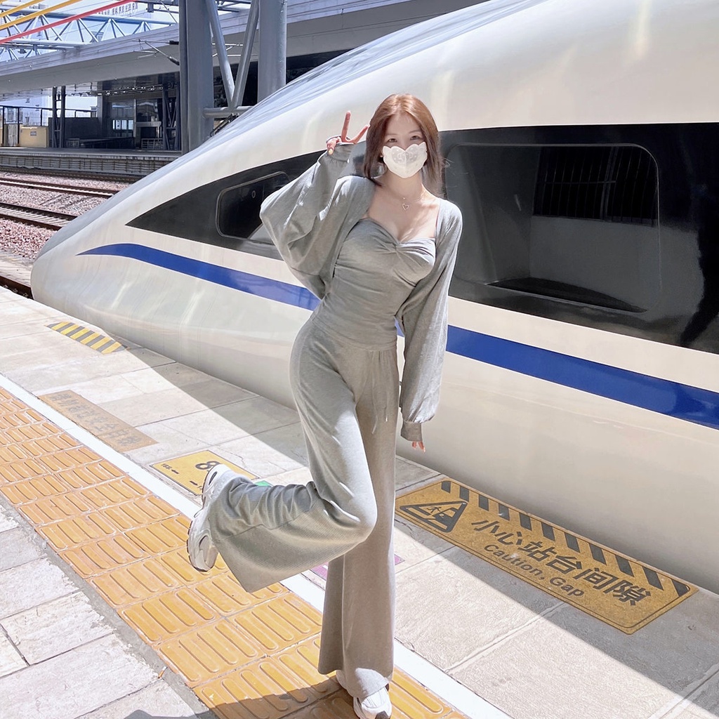 One Set Áo Hai Dây + Áo Khoác Cardigan + Quần Dài Chống Nắng Thời Trang Cho Nữ