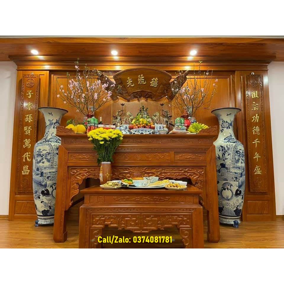 Bàn thờ gỗ hương đá DUNG HÙNG DÀI 197 CHÂN 12 kèm bàn cơm cao cấp