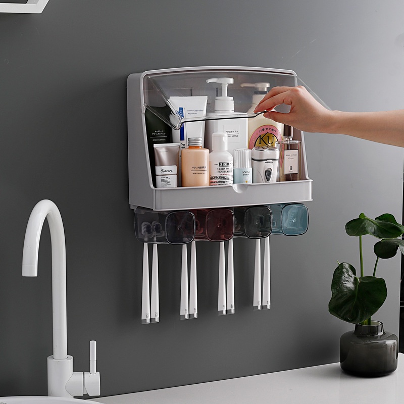 Kệ đựng mỹ phẩm, dụng cụ nhà tắm kèm 4 ly có nắp chắn nước gắn tường tiết kiệm diện tích