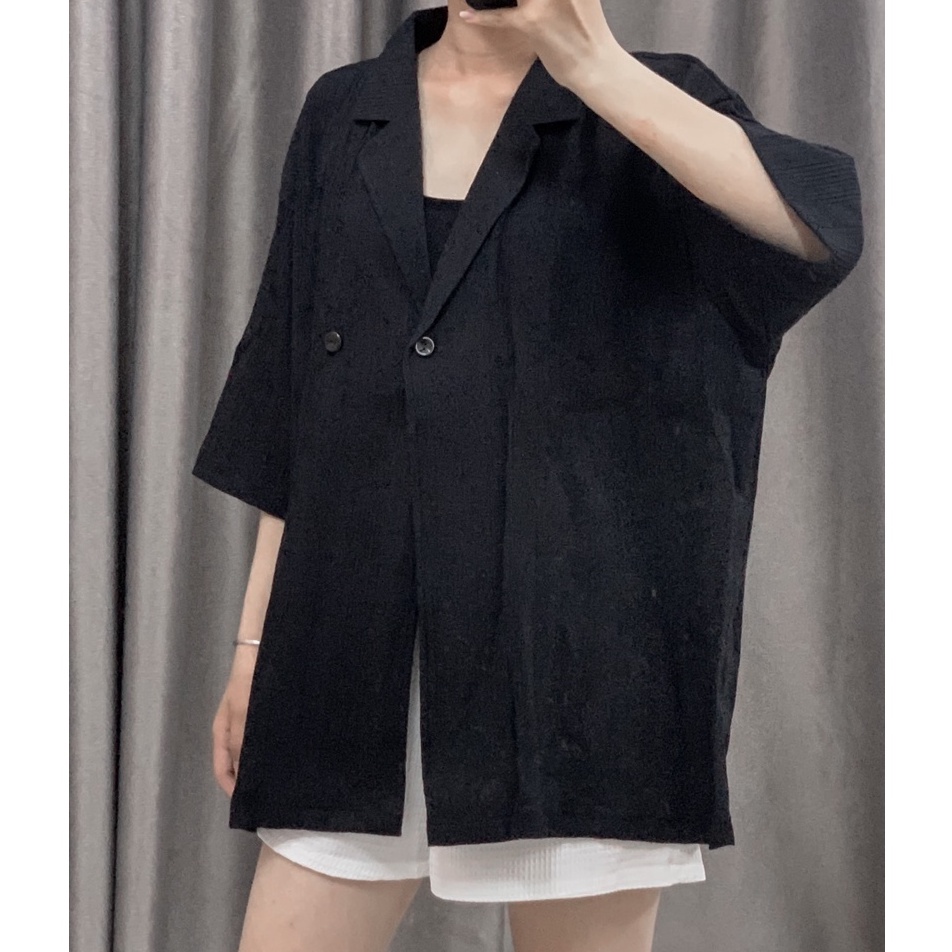 áo sơ mi cổ vest tay ngắn dáng rộng cá tính