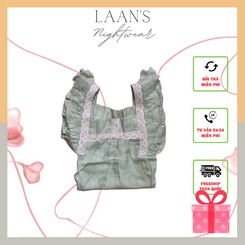 Đồ bộ mặc nhà nữ hai dây phối bèo tiểu thư, Đồ bộ pijama nữ chất liệu đũi không nhăn nhẹ nhàng Laan's Nightwear