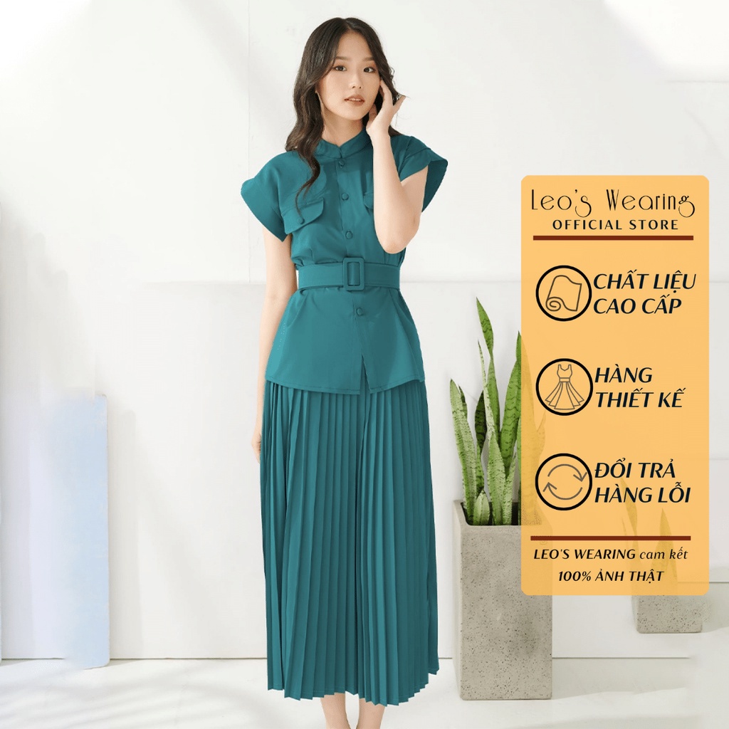 Set váy công sở LEOSWEARING chân váy xếp ly mix áo sơ mi cổ trụ đai thắt eo sang trọng đầm dự tiệc dạo phố văn phòng D11