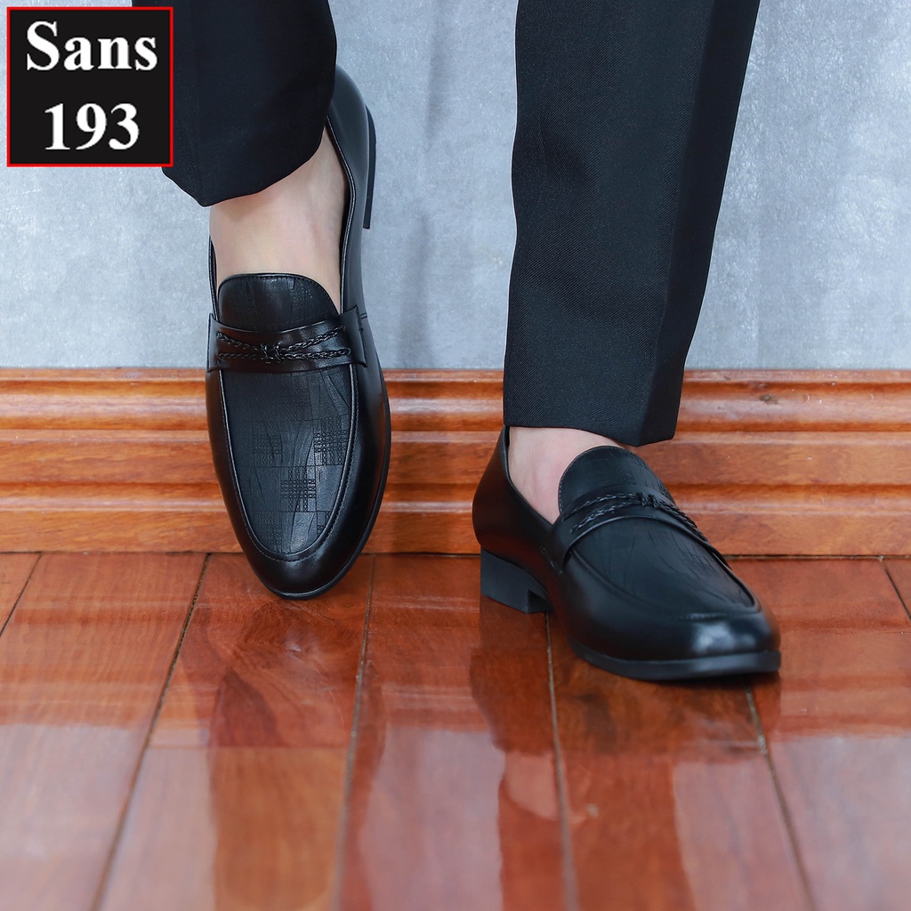 Giày lười nam da bò thật Sans193 penny loafer hoạ tiết đẹp cao cấp giầy mọi moca công sở đen thời trang hàn quốc