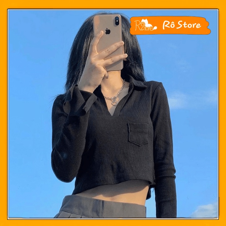 Áo croptop nữ cổ polo túi ngực ôm body chất liệu bozip dễ mặc cá tính, đủ 2 màu đen trắng RÔ STORE CR08