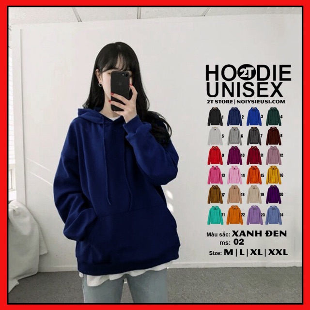 Áo hoodie unisex 2T Store H02 màu xanh dương đen - Áo khoác nỉ bông chui đầu nón 2 lớp dày dặn đẹp chất lượng | BigBuy360 - bigbuy360.vn