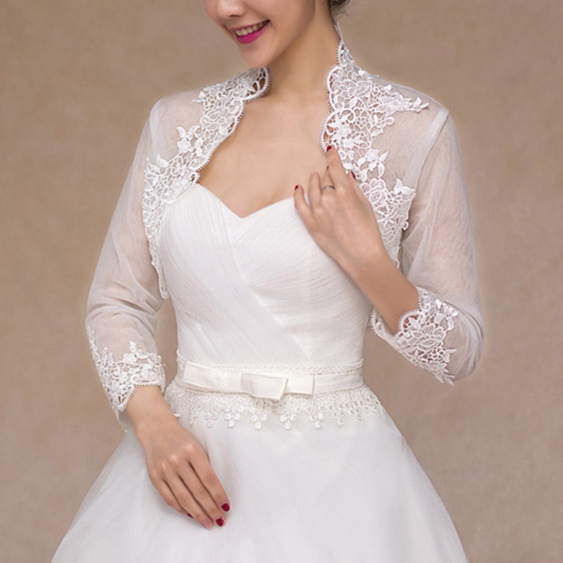 Áo Choàng Ren Tay 3 / 4 Thêu Hoa Sang Trọng Cho Cô Dâu