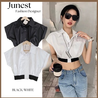 Áo sơ mi nữ tay ngắn Junest dáng croptop bo chun gấu Croptop Blouse Top SMBC05