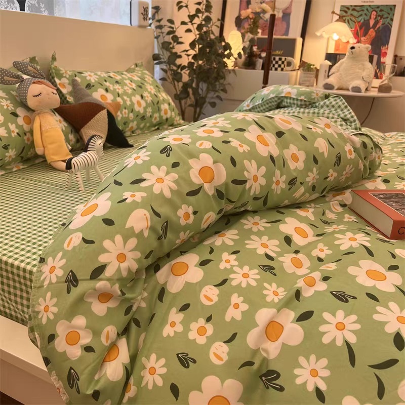 Bộ chăn ga gối Cotton Poly Nhập Khẩu chần bông dày mẫu Hoa Năm Cánh Xanh Decor Home