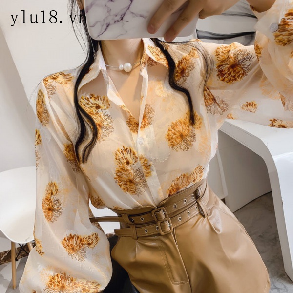 Áo Sơ Mi Chiffon Tay Phồng In Họa Tiết Hoa Phong Cách Retro Dành Cho Nữ