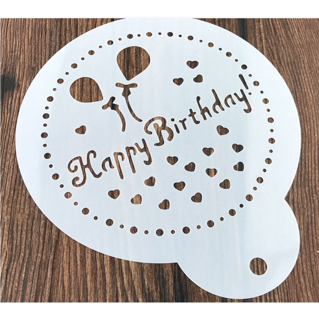 Set 5 tấm rắc bột nhựa Stencil 23cm hình Happy birthday, trái tim, hoa và sao