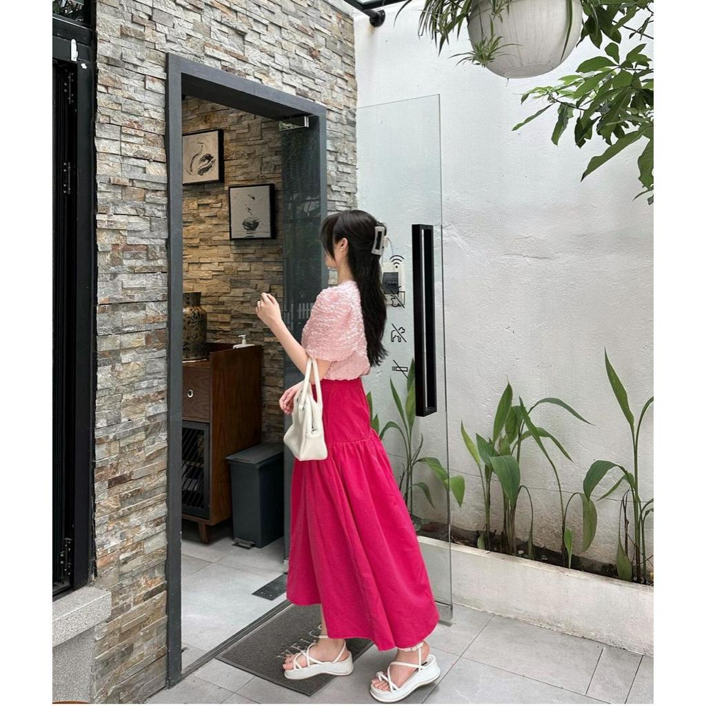 SET ÁO CROTOP XỐP NHÚN TAY PHỒNG CHÂN VÁY MIDI XẾP LY HỒNG SEN (TH)