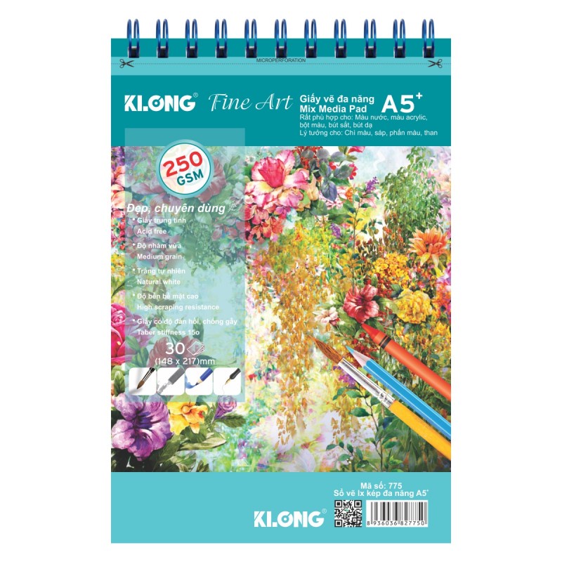 Sổ vẽ lò xo đa năng Fine Art khổ A5 - 250 GSM - 30 tờ KLONG MS: 775