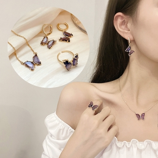Korean style purple butterfly series earrings necklace ring