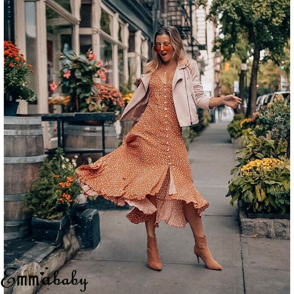 Đầm 2 dây dài dáng rộng họa tiết chấm bi xinh xắn  dành cho nữ