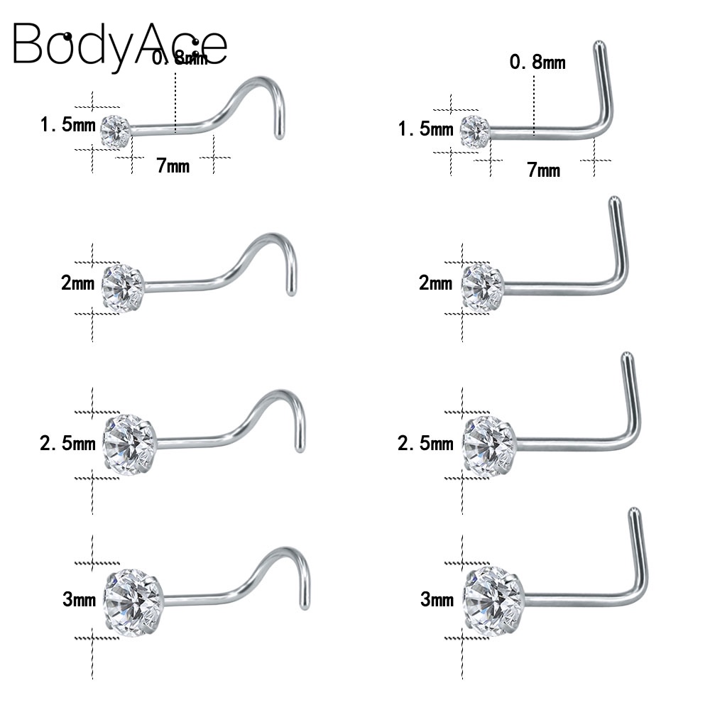 Set 8 Khuyên Mũi 1.5-3mm Thép Không Gỉ Đính Đá Pha Lê