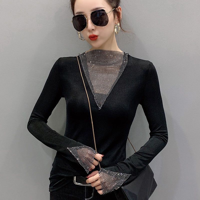 Áo thun tay dài cổ lọ đính đá thời trang cho nữ