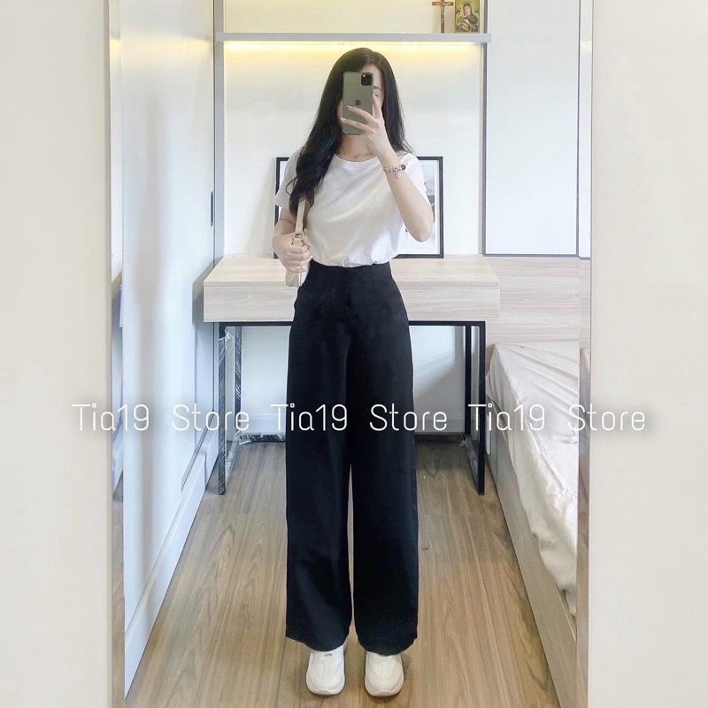 Quần culottes đen khoá sườn 92cm Tia19.  Quần tây ống rộng suông nữ (Ảnh thật)