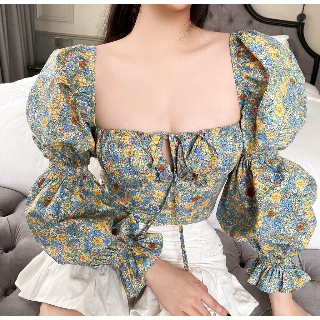 Áo hoa cổ vuông tay dài nhún KÈM ẢNH THẬT
