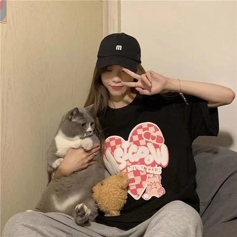 Cherryshop Sẵn sàng giao hàng 🔥Áo Thun Tay Ngắn Thời🍄 Oversize Dễ thương Ngọt Ngào Màu hồng tình yêu gấu in Áo Thun Đen trắng hồng ba màu