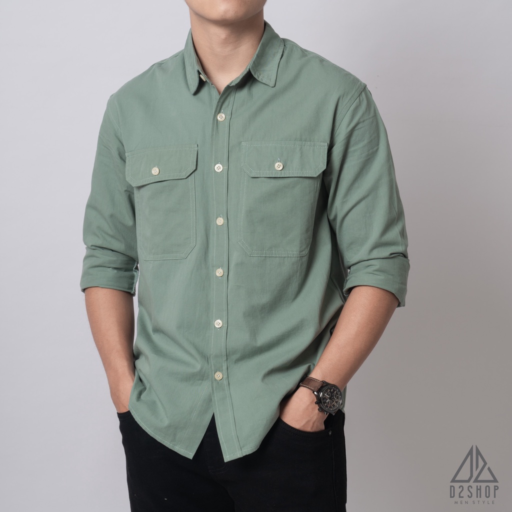 Áo sơ mi D2shop, áo sơ mi nam dài tay vải kaki túi hộp, màu xanh