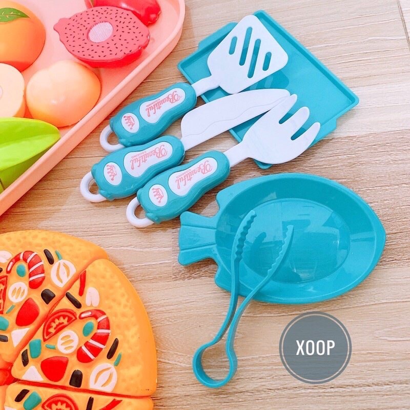 Set đồ chơi cắt bánh pizza &amp; hoa quả kèm đĩa