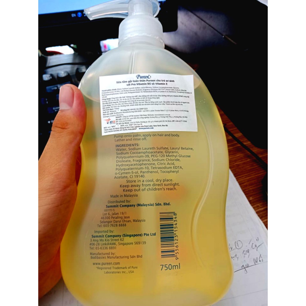 Tắm gội toàn thân Pureen cho trẻ sơ sinh với Pro Vitamin B5 và Vitamin E 750ml