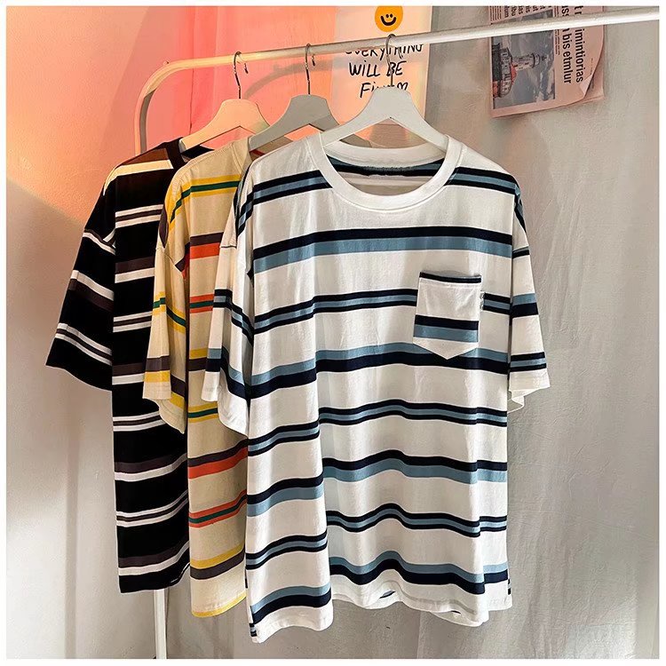 Áo Thun Tay Ngắn Dáng Rộng Họa Tiết Kẻ Sọc Phong Cách Hip Hop Đường Phố Hàn Quốc Thời Trang Mùa Hè Cho Nam Cỡ Lớn M-2XL