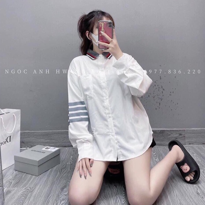 Áo sơ mi 4 vạch cổ bo nữ - Áo dài tay kẻ sọc form rộng dáng suông, khuy cài thiết kế đơn giản