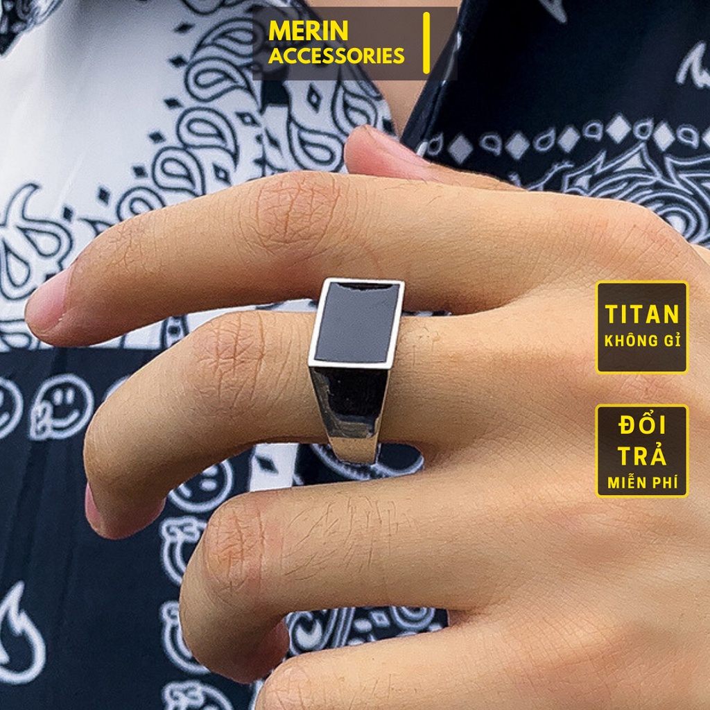 Nhẫn nam nữ tròn Unisex Merin Accesories màu bạc Thời trang chất liệu Titan đẹp đơn giản - Black Rectangle