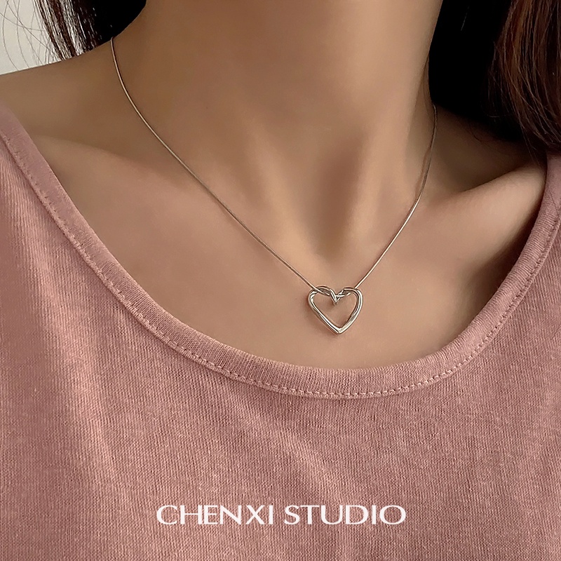 Vòng cổ bạc 17KM Thép không gỉ mặt trái tim đơn giản thời trang cho nữ