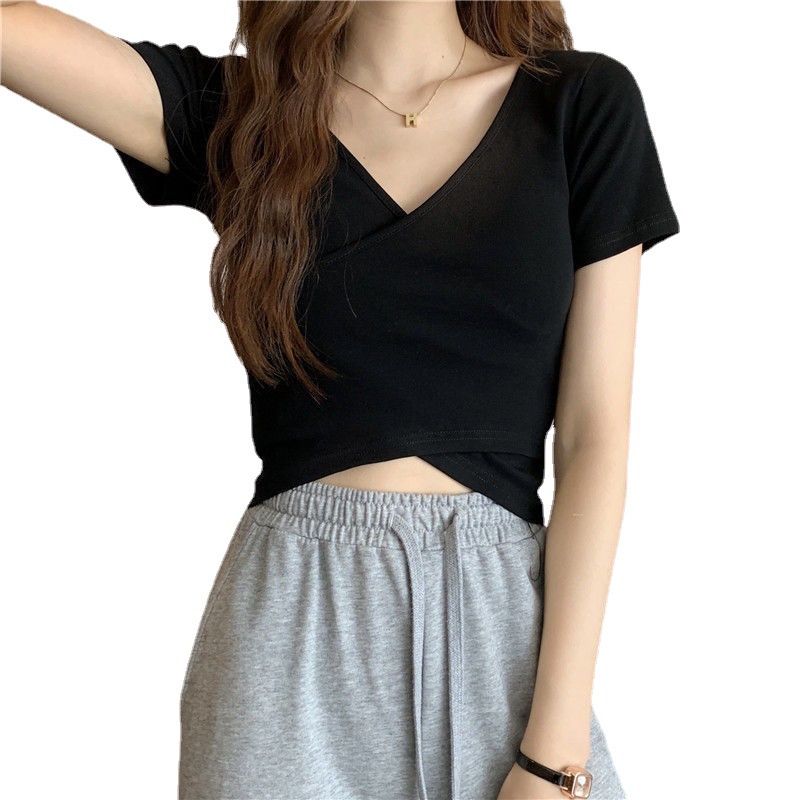 Áo Phông Croptop Trắng Tay Ngắn Dáng Ôm Thiết Kế Chéo Hàn Quốc Thời Trang Mùa Hè Nữ