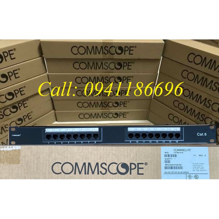Patch panel 16 port Cat6 nhân liền Commscope, dùng thanh chuẩn 24 cổng