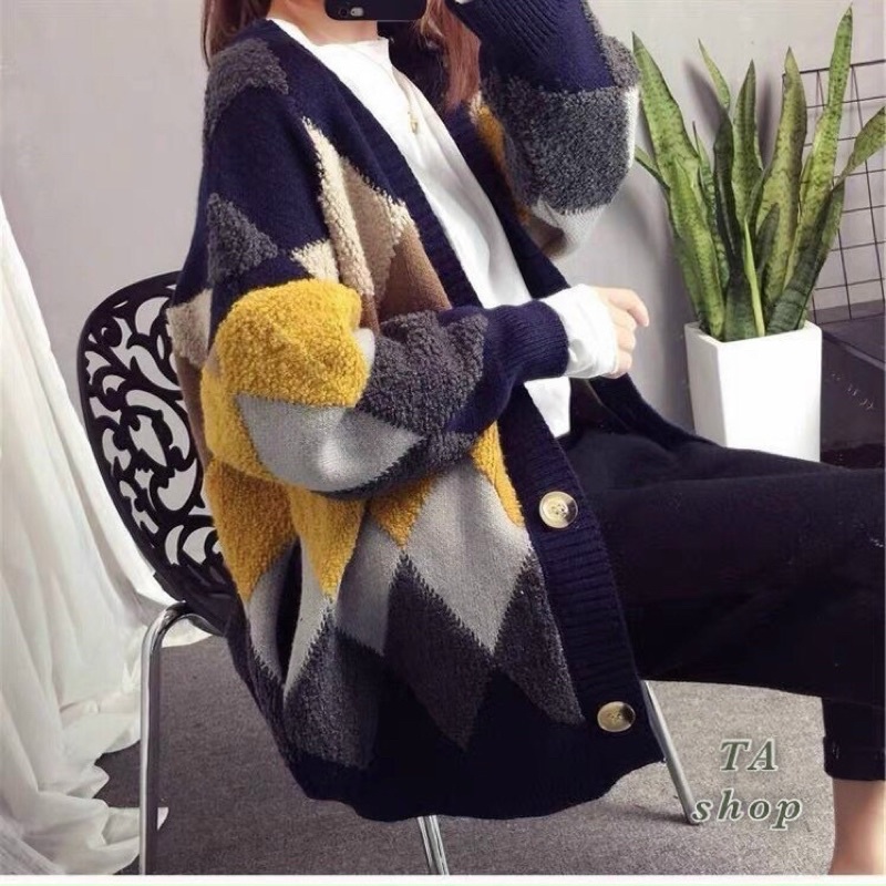 Áo khoác cadigan len trám ô Quảng Châu mẫu mới về