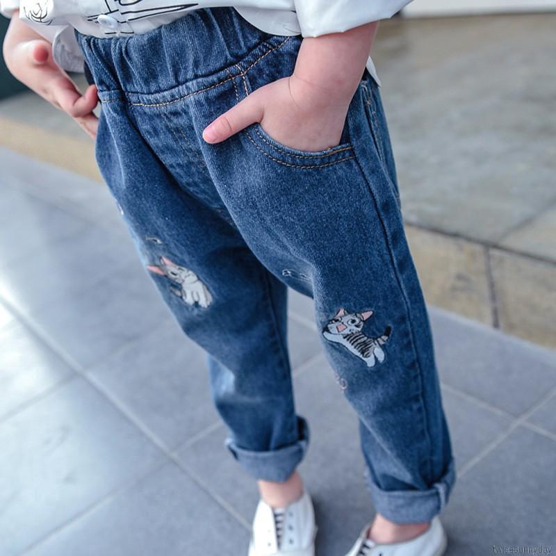 Quần Jeans Dài Wash Rách Cá Tính Cho Bé Gái