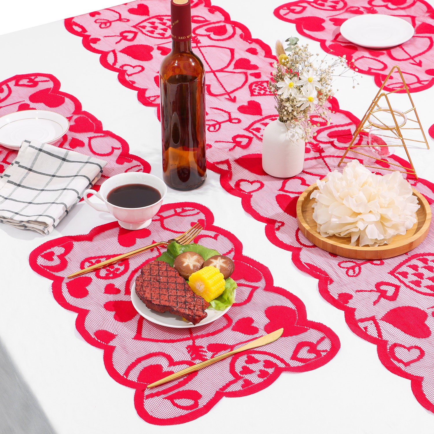 MELODG 5PCS Romantic Table Runner Party Valentines Day Table Placemats Heart Wedding Anniversary Rectangular Tablecloth Home Dinner Supplies Lace