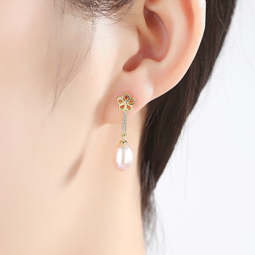 Bông Tai Bạc Thời Trang Thiết Kế Hình Hoa Đính Kèm Hạt Pearl Sang Trọng B-2332-Trang Sức Bảo Ngọc Jewelry