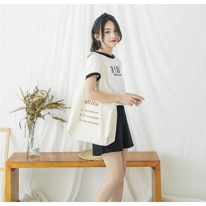 Túi tote vải đeo chéo canvas Bag.Thanhthu phong cách Nhật Bản liền thân quai tròn hoạ tiết chữ 556