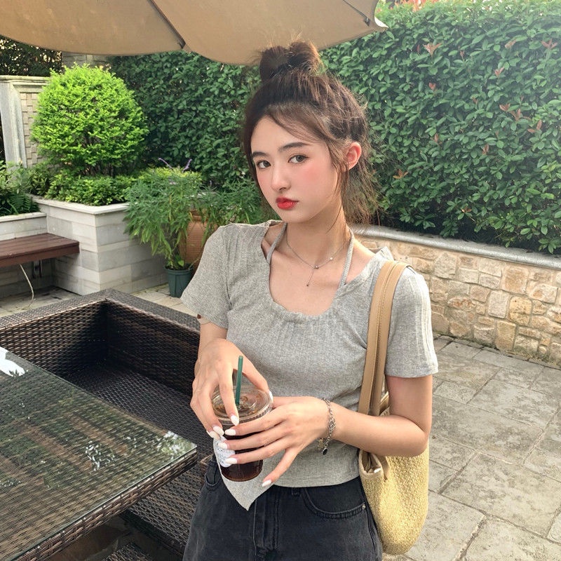 Áo Thun Tay Ngắn Cổ Chữ U Thiết Kế Không Đồng Đều Cao Cấp Thời Trang Cho Nữ