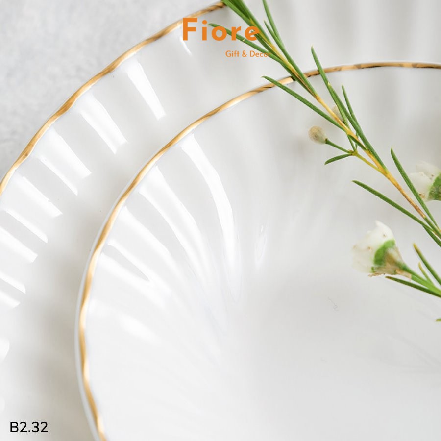 Bộ bát - bộ bát đĩa sứ trắng - men ngọc 46 món trắng viền vàng vân sóng - phụ kiện bàn ăn